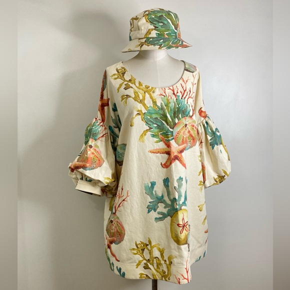 EXQUISITE CORAL SEA DRESS WITH PUFF SLEEVES & MATCHING BUCKET HAT LINEN/COTTON - Picture 3 of 14